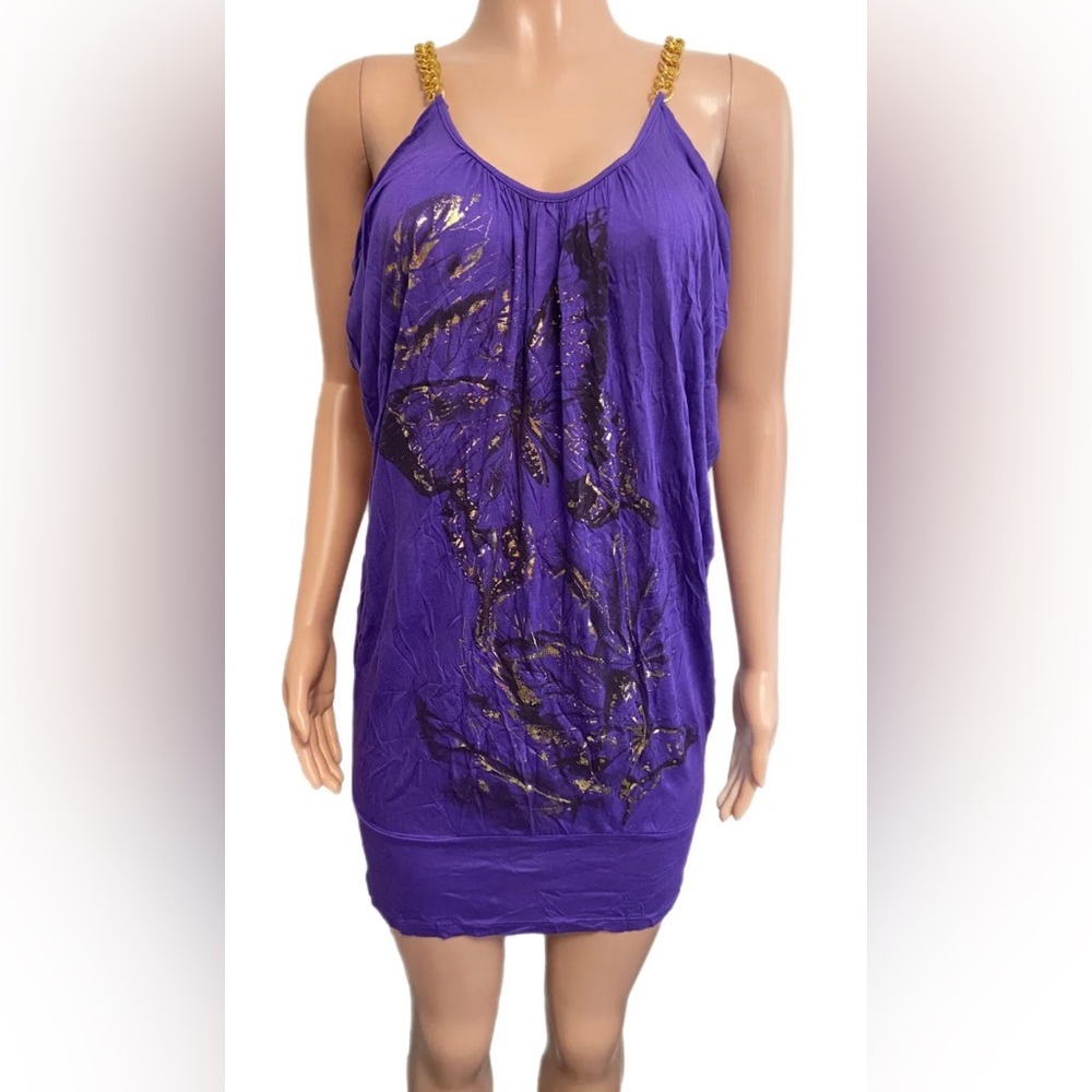 Y2K Purple Gold Shiny Butterfly Band hem Tunic Dress Chain Straps Fairycore V2K